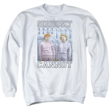 White men's crewneck sweatshirt with I Love Lucy Seriously Cannot graphic
