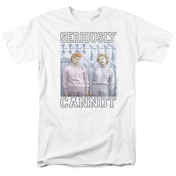White men's regular fit t-shirt with I Love Lucy Seriously Cannot graphic