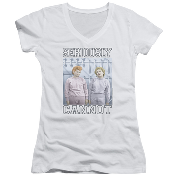 White juniors v-neck t-shirt with I Love Lucy Seriously Cannot graphic