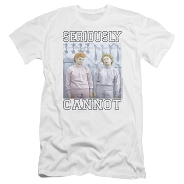 White men's premium slim fit t-shirt with I Love Lucy Seriously Cannot graphic