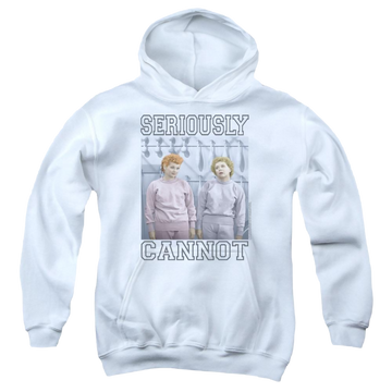White youth hoodie for ages 8 to 12 with I Love Lucy Seriously Cannot graphic