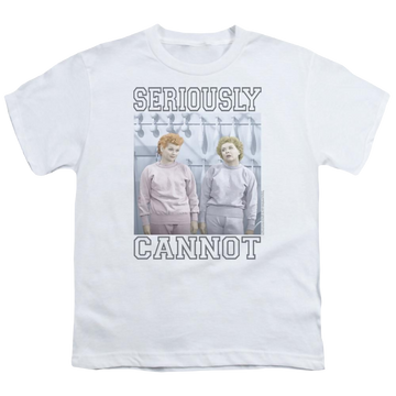 White youth t-shirt for ages 8 to 12 with I Love Lucy Seriously Cannot graphic
