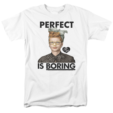 White men's regular fit t-shirt with I Love Lucy Perfect Is Boring graphic