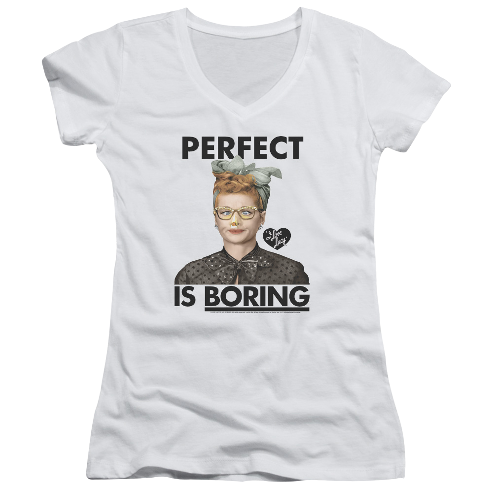I Love Lucy Perfect Is Boring Juniors V-Neck T-Shirt Juniors V-Neck T-Shirt I Love Lucy   