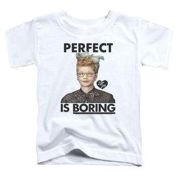 White toddler t-shirt with I Love Lucy Perfect Is Boring graphic
