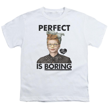 White youth t-shirt for ages 8 to 12 with I Love Lucy Perfect Is Boring graphic