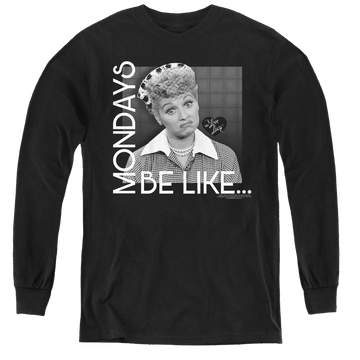 Black youth long sleeve t-shirt with I Love Lucy Mondays Be Like graphic