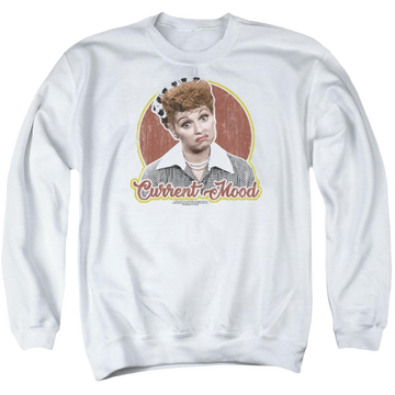 White men's crewneck sweatshirt with I Love Lucy Current Mood graphic