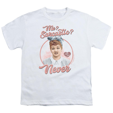White youth t-shirt for ages 8 to 12 with I Love Lucy Sarcastic graphic