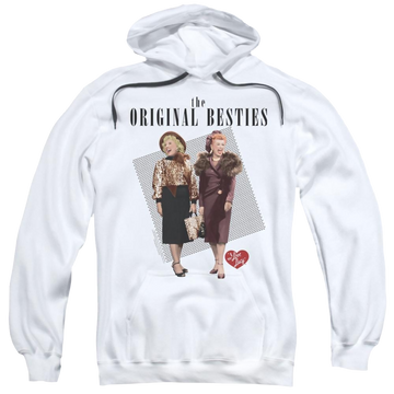 White pullover hoodie with I Love Lucy Original Bestie graphic