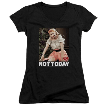 Black juniors v-neck t-shirt with I Love Lucy Not Today graphic