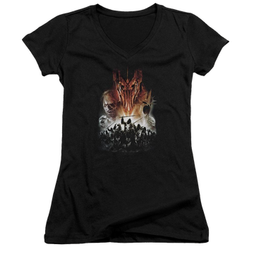 Black juniors v-neck t-shirt with Lord of the Rings Evil Rising graphic