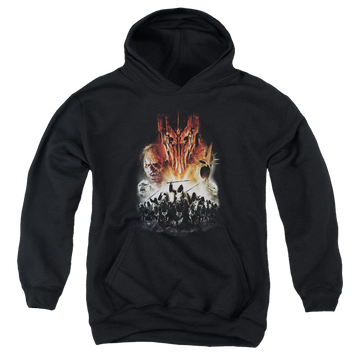 Black youth hoodie for ages 8 to 12 with Lord of the Rings Evil Rising graphic