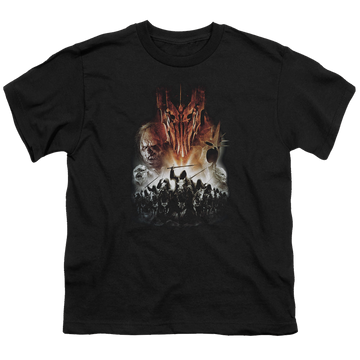 Black youth t-shirt for ages 8 to 12 with Lord of the Rings Evil Rising graphic