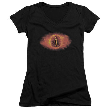 Black juniors v-neck t-shirt with Lord of the Rings Eye Of Sauron graphic