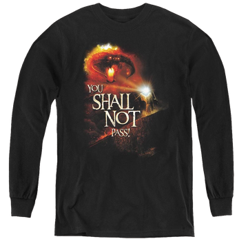 Black youth long sleeve t-shirt with Lord of the Rings You Shall Not Pass graphic