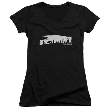 Black juniors v-neck t-shirt with Lord of the Rings The Fellowship graphic
