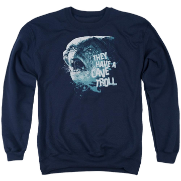 Navy men's crewneck sweatshirt with Lord of the Rings Cave Troll graphic