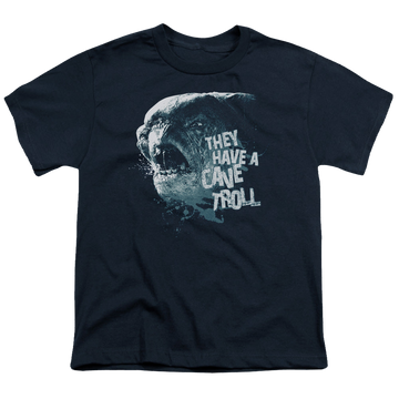 Navy youth t-shirt for ages 8 to 12 with Lord of the Rings Cave Troll graphic