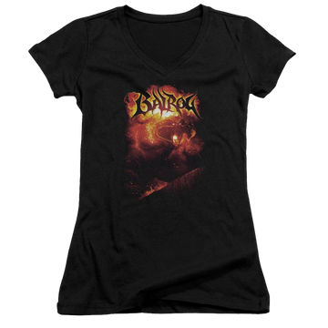 Black juniors v-neck t-shirt with Lord of the Rings Balrog graphic