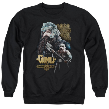 Black men's crewneck sweatshirt with Lord of the Rings Gimli graphic
