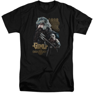 Black men's tall fit t-shirt with Lord of the Rings Gimli graphic