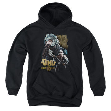 Black youth hoodie for ages 8 to 12 with Lord of the Rings Gimli graphic