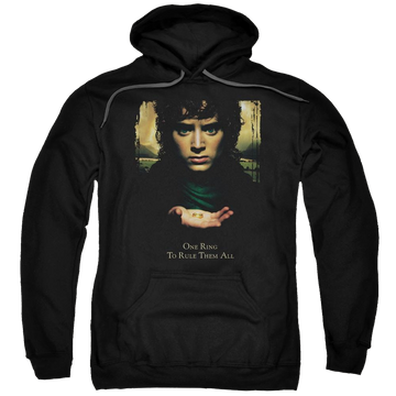 Black pullover hoodie with Lord of the Rings Frodo One Ring graphic