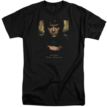 Black men's tall fit t-shirt with Lord of the Rings Frodo One Ring graphic
