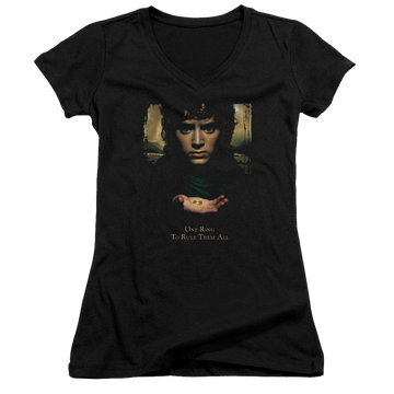 Black juniors v-neck t-shirt with Lord of the Rings Frodo One Ring graphic
