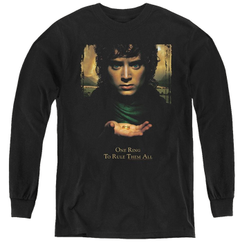 Black youth long sleeve t-shirt with Lord of the Rings Frodo One Ring graphic