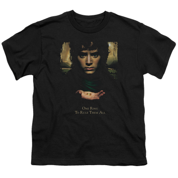 Black youth t-shirt for ages 8 to 12 with Lord of the Rings Frodo One Ring graphic