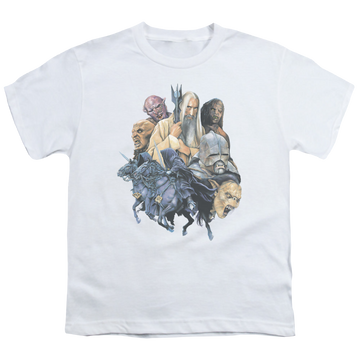 White youth t-shirt for ages 8 to 12 with Lord of the Rings Collage Of Evil graphic