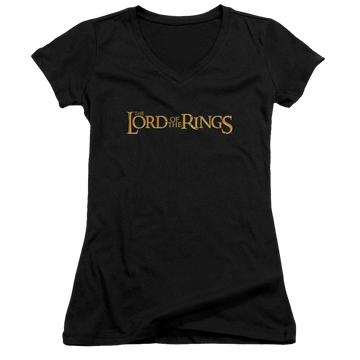 Black juniors v-neck t-shirt with Lord of the Rings Lotr Logo graphic