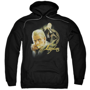 Black pullover hoodie with Lord of the Rings Legolas graphic
