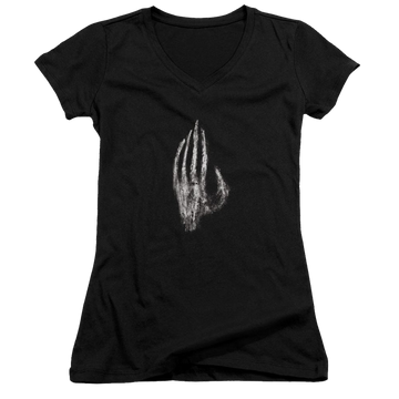 Black juniors v-neck t-shirt with Lord of the Rings Hand Of Saruman graphic