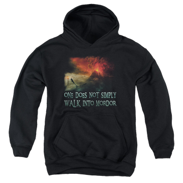 Black youth hoodie for ages 8 to 12 with Lord of the Rings Walk In Mordor graphic
