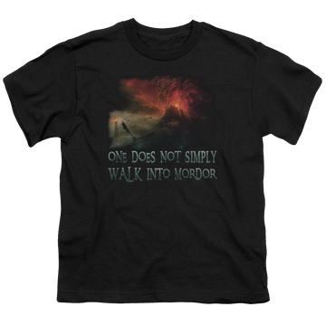 Black youth t-shirt for ages 8 to 12 with Lord of the Rings Walk In Mordor graphic