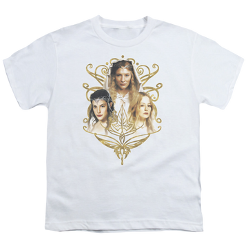 White youth t-shirt for ages 8 to 12 with Lord of the Rings Women Of Middle Earth graphic