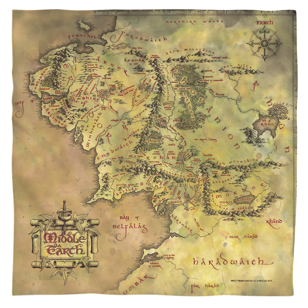 Lord of the Rings Trilogy, The Middle Earth Map - Bandana Bandanas Lord Of The Rings   