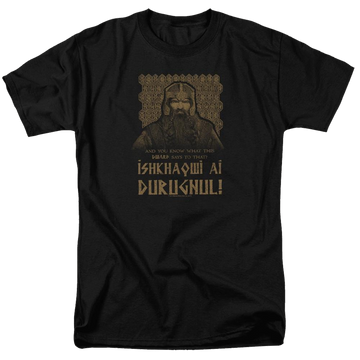 Black men's regular fit t-shirt with Lord of the Rings Ishkhaqwi Durugnul graphic