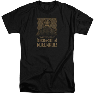 Black men's tall fit t-shirt with Lord of the Rings Ishkhaqwi Durugnul graphic