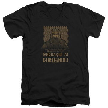 Black men's v-neck t-shirt with Lord of the Rings Ishkhaqwi Durugnul graphic