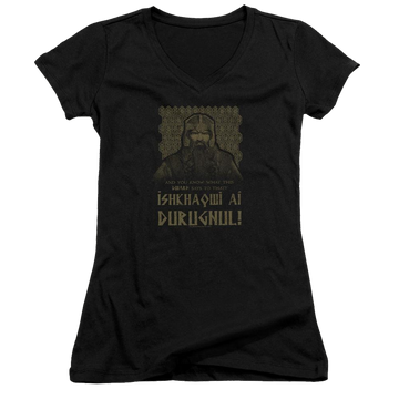 Black juniors v-neck t-shirt with Lord of the Rings Ishkhaqwi Durugnul graphic