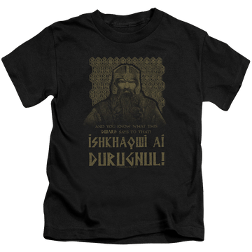 Black kid's t-shirt for ages 4 to 7 with Lord of the Rings Ishkhaqwi Durugnul graphic