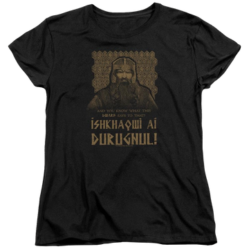 Black women's t-shirt with Lord of the Rings Ishkhaqwi Durugnul graphic
