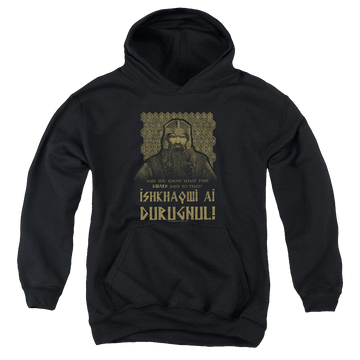 Black youth hoodie for ages 8 to 12 with Lord of the Rings Ishkhaqwi Durugnul graphic