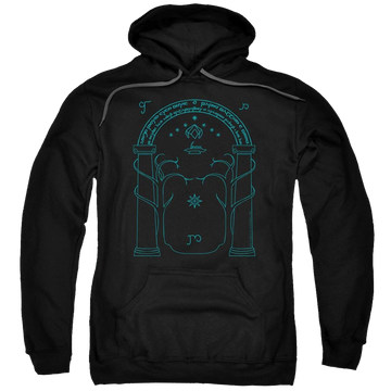 Black pullover hoodie with Lord of the Rings Doors Of Durin graphic