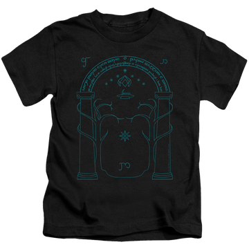 Black kid's t-shirt for ages 4 to 7 with Lord of the Rings Doors Of Durin graphic
