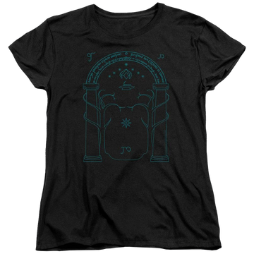 Black women's t-shirt with Lord of the Rings Doors Of Durin graphic